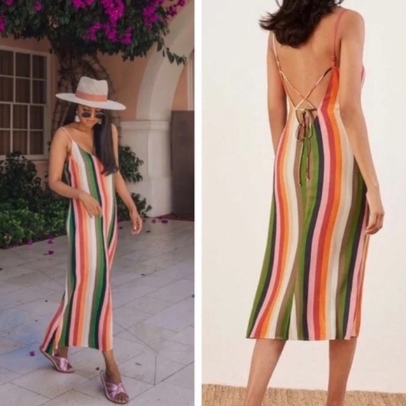 Reformation Dresses & Skirts - Reformation Jaxon Stripe Dress Rainbow Midi Strappy Back Size 12